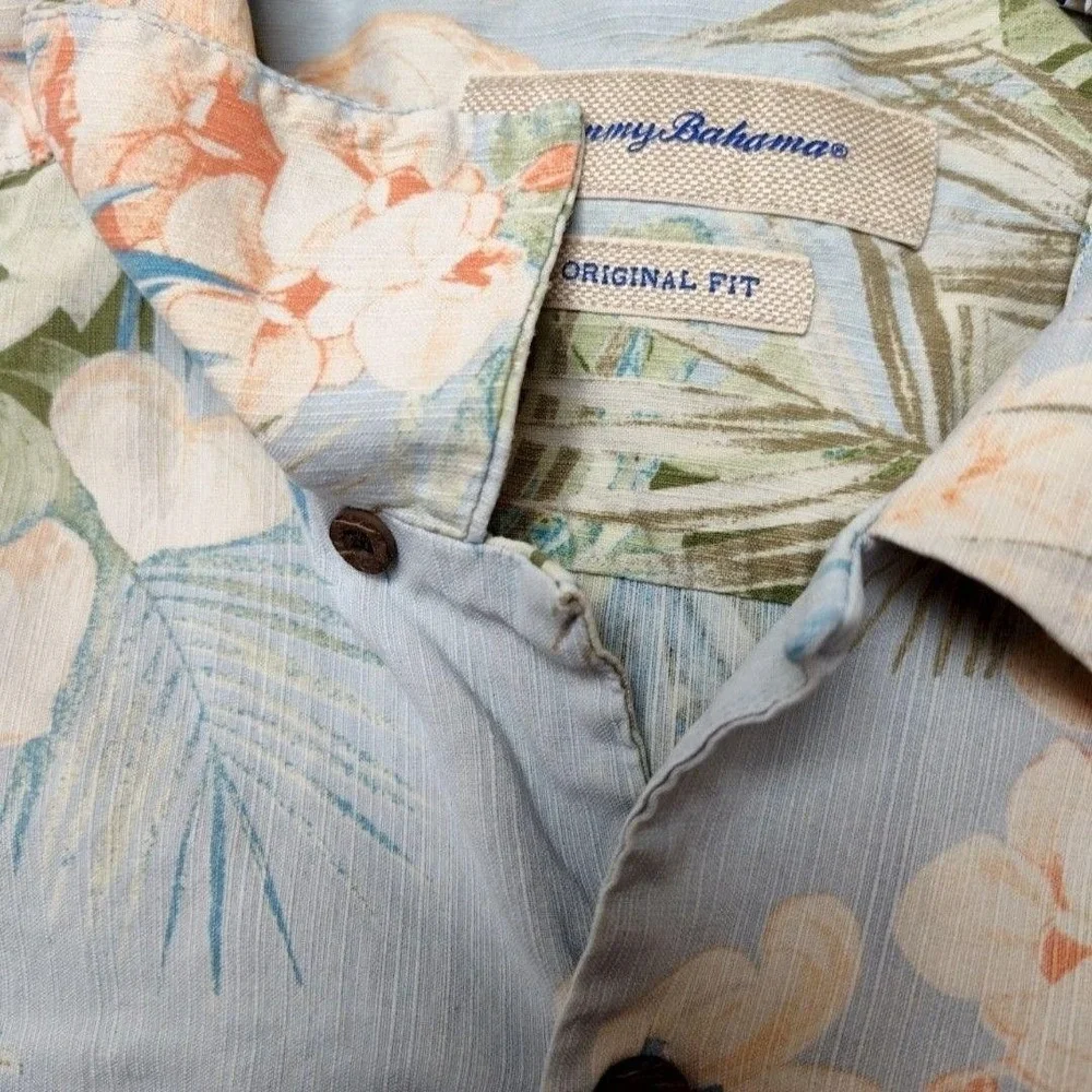 Tommy Bahama Shirt Mens XL Blue Floral Silk Button-Up Short Sleeve Tropical